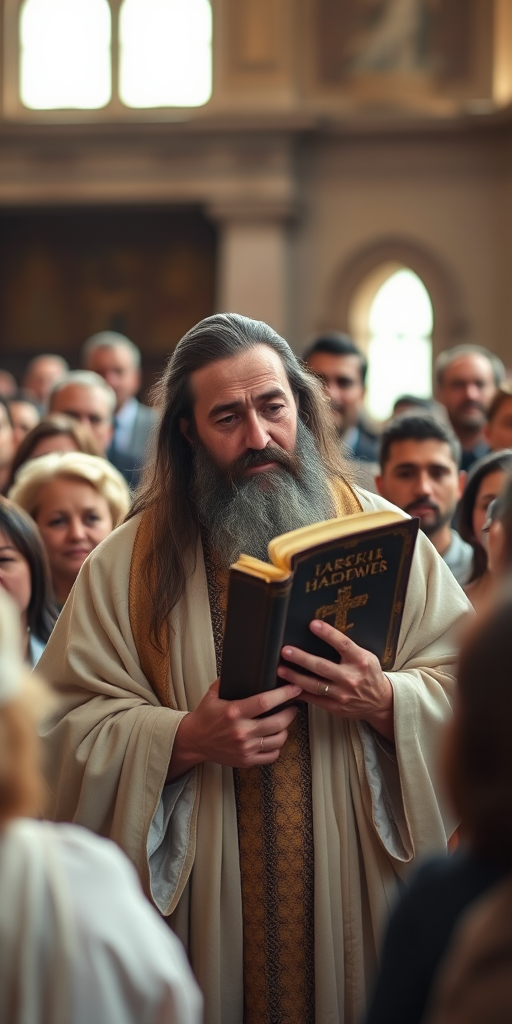 Create an image of a serene religious figure holding an ancient book, surrounded by a diverse crowd of attentive faces in a bright, soft-lit setting, using a DSLR camera with a 50mm lens, f/1.8 aperture, ISO 100, and soft focus background for enhanced clarity and depth.