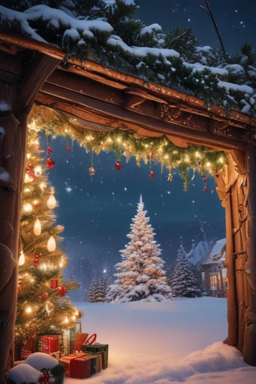 Cozy Winter Scene Featuring a Christmas Tree and Snowy Landscape