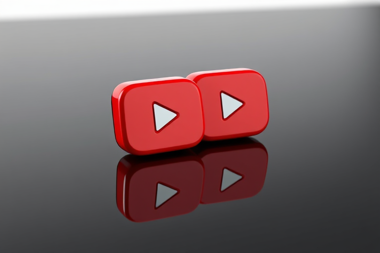 create a hyper-realistic 3D render of two glossy red YouTube play buttons on a dark reflective surface, with a shallow depth of field, using a Canon EOS R5, 35mm lens, aperture f/2.8, ISO 100, and soft studio lighting to enhance the contrasts and reflections