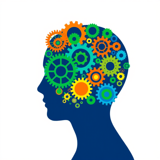 Create an illustration of a human silhouette in profile with a colorful array of gears and cogs filling the head, using vibrant colors like blue, green, orange, and yellow, captured with a Canon EOS R5 at f/4, ISO 100, 50mm lens, in a studio setting with soft lighting for optimal clarity and detail.