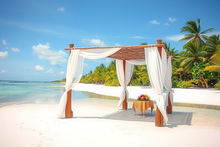 Create a picturesque tropical beach scene featuring a serene, white sandy shore. In the foreground, there's a rustic wooden canopy with white drapes gently flowing in the breeze. Underneath the canopy, a table is set with tropical decor, evoking a sense of relaxation and leisure. The beach extends into a calm, shallow water area with reflections of the sky and surroundings. Palm trees and lush greenery line the edge of the beach, providing a natural, tropical backdrop. The sky is clear with a few scattered clouds, and the overall atmosphere is tranquil and inviting, perfect for a peaceful retreat.