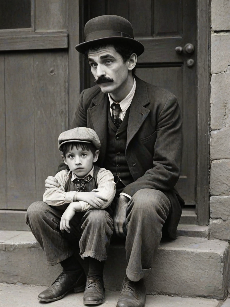 A black-and-white photograph of a man and a child sitting on steps in front of a doorway. The man is dressed as a tramp with a bowler hat, mustache, and ragged clothes, reminiscent of Charlie Chaplin's iconic look. He is sitting with his arms crossed and an expression of slight sadness or frustration. Next to him is a young boy, also in worn clothes and a cap, sitting with his hands clasped, looking thoughtful. The background is an old, textured wall and a partially open door, creating a vintage, early 20th-century atmosphere.