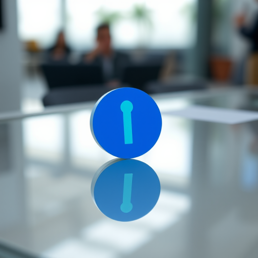 Create a high-resolution image of a round blue information icon on a glossy surface, using a DSLR camera with a focal length of 50mm, aperture set to f/2.8, ISO 100, 1/200s shutter speed, with a shallow depth of field and soft lighting to enhance reflections.