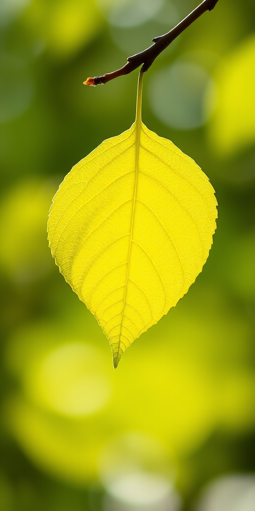 a single bright green leaf hanging from a thin branch in soft focus, background blurred with bokeh effect, natural light, ISO 200, aperture f/2.8, shutter speed 1/500s, shot from a close-up angle with a DSLR camera