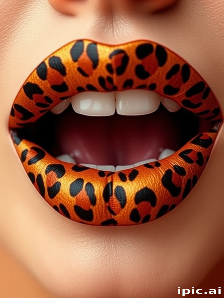 Fierce leopard print lips feature a bold animal pattern in warm golden and chocolate tones, making a statement with their unique and daring design
