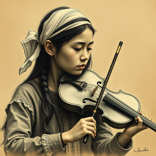 a young Mapuche woman with a white headband playing a violin, in the style of a charcoal drawing, sepia grunge background