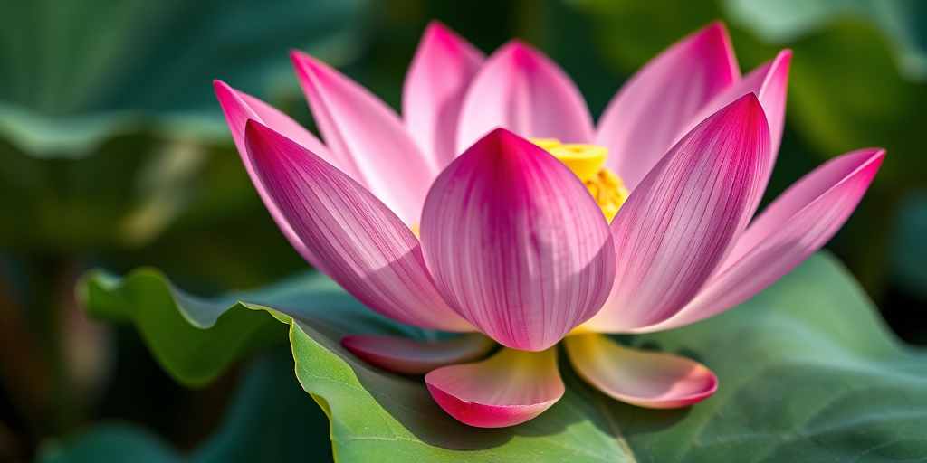 Close-up of a vibrant pink lotus flower on a green leaf, soft natural lighting, aperture f/2.8, shutter speed 1/250 sec, ISO 100, taken with a DSLR camera in macro mode.