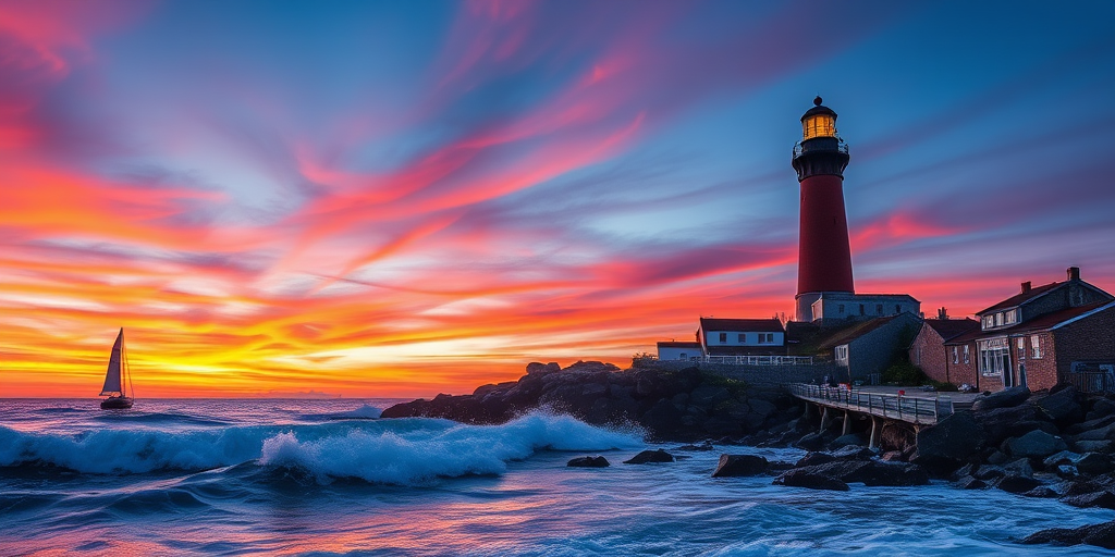 Generate an idyllic coastal scene featuring a lighthouse at sunset, with vibrant colors in the sky, waves crashing against rocks, and a sailboat in the distance, captured with a DSLR camera at f/8, ISO 100, 24mm lens, wide-angle view, with soft lighting and high dynamic range for enhanced detail.
