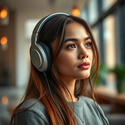 portrait of a young woman listening to music with headphones in a modern indoor setting, natural light, soft focus, Canon EOS R, 50mm f/1.8 lens, aperture f/2.8, ISO 100, shutter speed 1/200s, shallow depth of field, warm colors, serene atmosphere