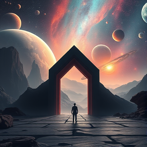 Generate a stunning high-resolution sci-fi landscape featuring a majestic archway leading to a cosmic realm filled with vibrant planets and swirling galaxies, with a lone figure standing at the entrance, taken with a Canon EOS R5 at f/1.8, ISO 100, 24mm lens, in a dramatic wide-angle view with a hyper-realistic rendering style.