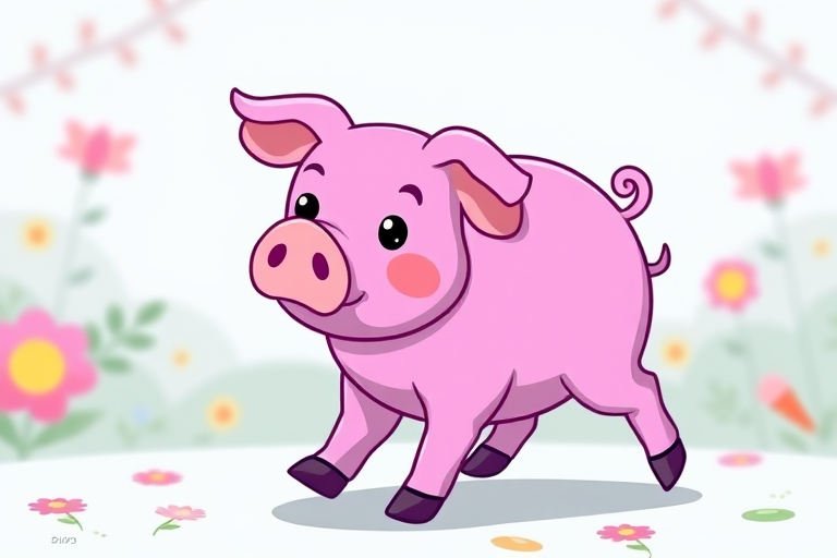 Create a cartoon-style illustration of a cute purple pig walking, using a Canon EOS R5 camera with a 50mm f/1.2 lens, aperture at f/2.8, ISO 100, and a slight top-down angle for depth, incorporating vibrant colors and a playful background.