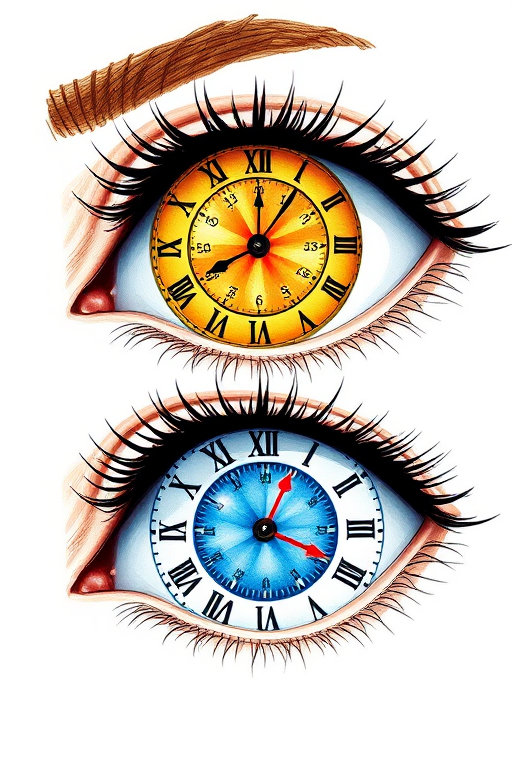 Create an illustration of two eyes integrated with clock designs, one with a blue color scheme and one with orange, focusing on intricate details and vibrant colors, shot with a DSLR camera at f/2.8 aperture, 50mm lens, ISO 100, in natural light for enhanced clarity and depth.