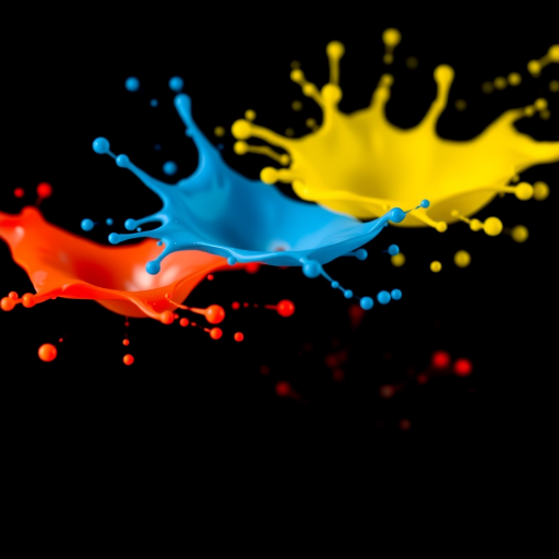 Create an image of three colorful splashes in bright yellow, blue, and red on a black background, shot with a Canon EOS R5 at f/2.8, 1/250 sec, ISO 100, using a macro lens to enhance detail and vibrancy.