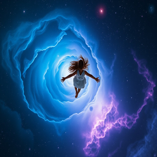 Create an image of a girl floating in a cosmic scene with swirling blue and purple nebulas, captured with a DSLR camera at f/1.8, ISO 200, 50mm lens, using a top-down view style for enhanced detail and depth.
