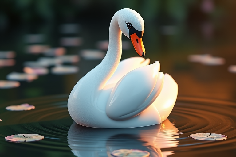 Create a 3D rendering of a cartoon swan with a glossy finish, positioned gracefully on a reflective pond, vibrant colors, soft lighting, close-up perspective, using a DSLR camera with a 50mm lens at f/2.8, ISO 100, and a shutter speed of 1/200 sec.