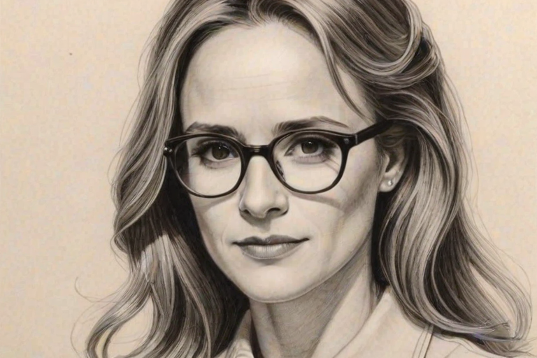 Attractive Holly Hunter, pencil sketch, portrait of Enchanting woman 1941s in glasses, hair style beatnik, outline, clear lines, fine lines, 8k