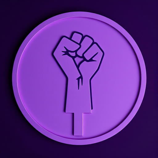 Create a high-resolution image of a feminist symbol featuring a raised fist in the center of a circular emblem with a gender symbol at the base, using a dark purple background and a lighter purple for the symbol; camera settings: ISO 100, aperture f/8, shutter speed 1/125 sec, camera view: close-up, camera style: flat lay, camera type: DSLR.