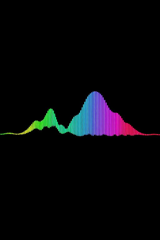 Create a vibrant spectrum waveform on a black background with high contrast, using a DSLR camera with a 50mm lens, ISO 100, f/1.8 aperture, 1/200 sec shutter speed, in a studio lighting setup for enhanced clarity.