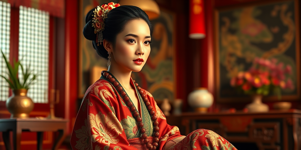 A beautiful Hawaiian woman in traditional East Asian attire, intricately detailed with embroidered patterns, sitting gracefully in a richly decorated room, soft ambient lighting, serene and elegant, ultra-realistic, 8K resolution