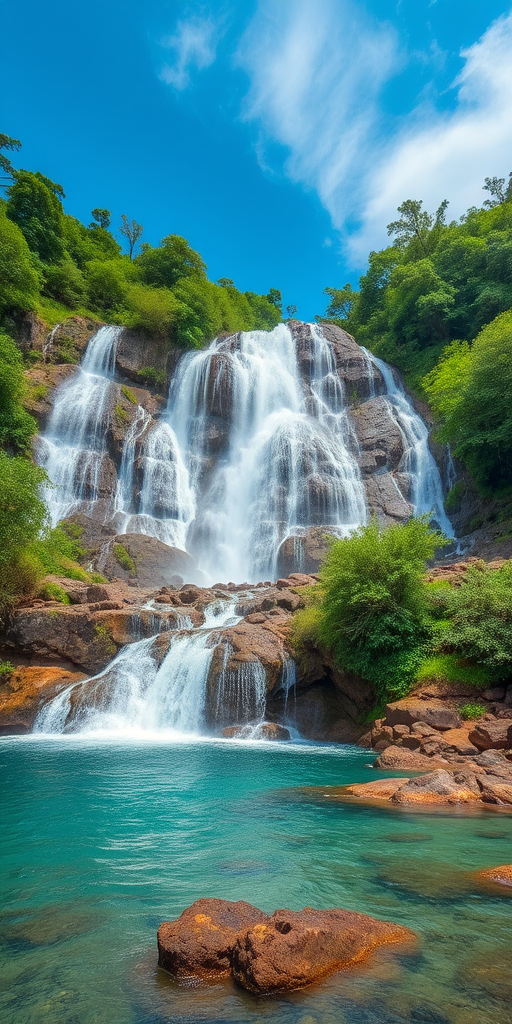 generate a high-resolution image of a cascading waterfall surrounded by lush greenery and clear blue water with a vibrant sky, using a DSLR camera, 24mm lens, aperture f/8, shutter speed 1/4 sec, ISO 100, with a wide-angle view to capture the expansive scenery and enhance the colors and details.