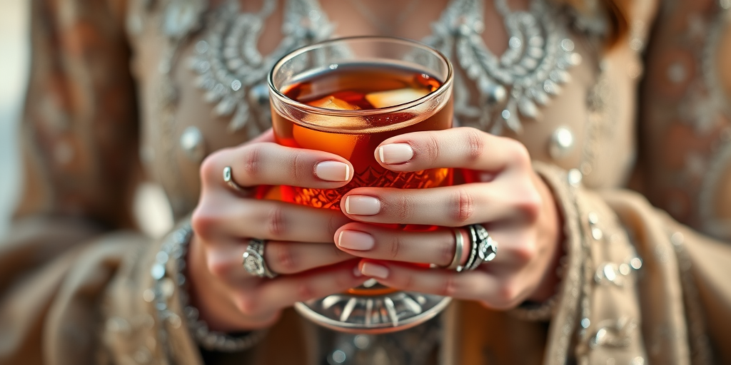 Capture a close-up shot of elegantly adorned hands holding a crystal glass filled with a rich beverage, using a Canon EOS R5 with a 50mm f/1.2 lens, aperture set to f/1.8 for shallow depth of field, shooting in natural light for enhanced texture and sparkle, focus on the details of the rings and glittering fabric.