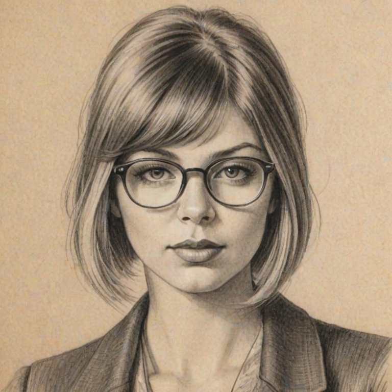 Attractive Fergie, pencil sketch, portrait of Comely woman 1924s in glasses, hair style beatnik, outline, clear lines, fine lines, 8k