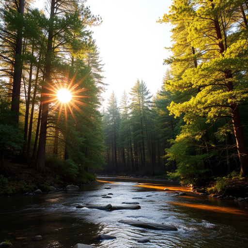 Create an image of a serene, sunlit forest scene with a clear, gently flowing river. Tall trees with lush green foliage line both sides of the river, their leaves bathed in the warm golden light of the setting or rising sun. The sunlight filters through the trees, casting soft, dappled light on the river, which flows over smooth rocks and pebbles, creating a peaceful, natural atmosphere. The sky is bright with a few scattered clouds, and the overall mood is tranquil, evoking a deep sense of connection with nature. The image captures the beauty of a calm, pristine forest landscape at either dawn or dusk.