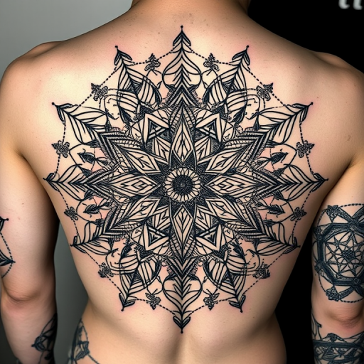 Intricate blackwork geometric tattoo called "Sacred Symmetry" showcasing a complex pattern of interconnected shapes and lines forming a mesmerizing mandala design with precise dotwork shading to create depth and texture incorporating sacred geometry symbols and repeating fractals that expand outward from a central focal point resulting in a hypnotic optical illusion that draws the eye inward and appears to shift and move as the body flexes