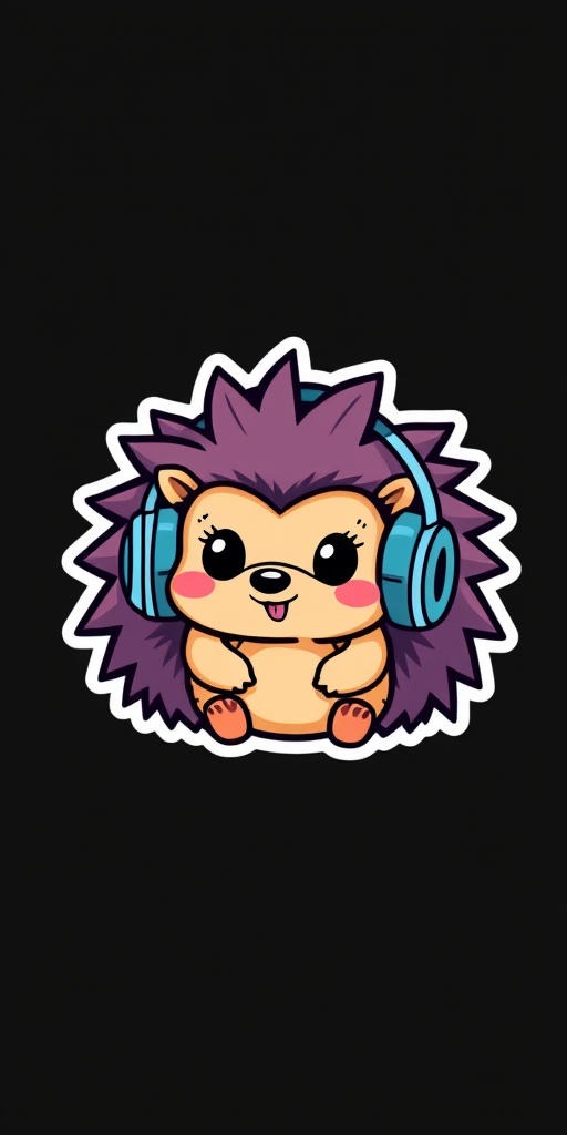 generate sticker, Happy Colorful Hedgehog wearing Headphones, kawaii, contour, vector, black background