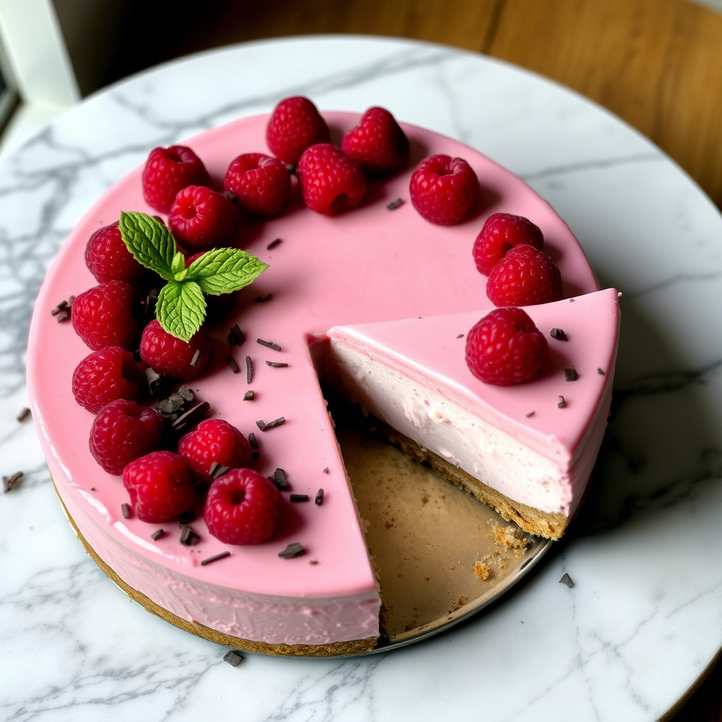 Create an image of a pink raspberry cheesecake topped with fresh raspberries and dark chocolate shavings, with a slice cut out to show the creamy texture inside, presented on a round marble platter.