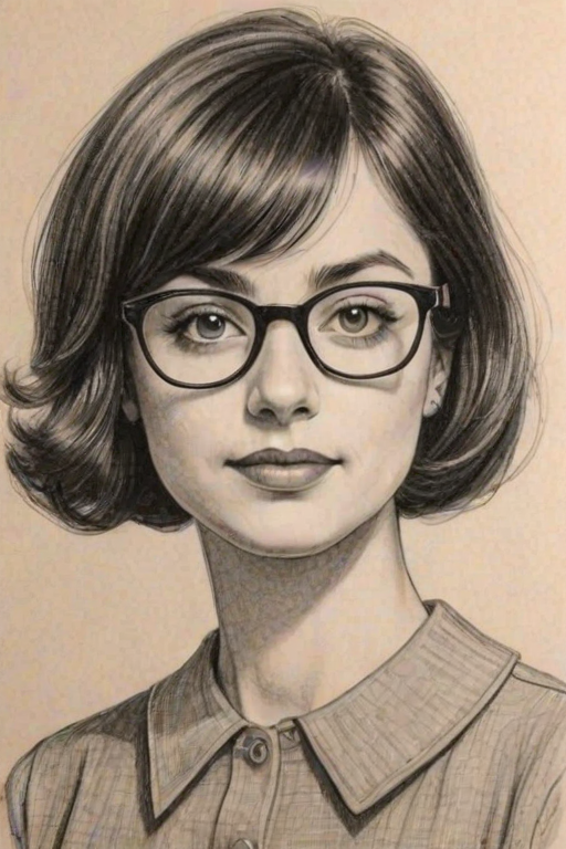 Enchanting Kate Micucci, pencil sketch, portrait of Appealing woman 1940s in glasses, hair style beatnik, outline, clear lines, fine lines, 8k