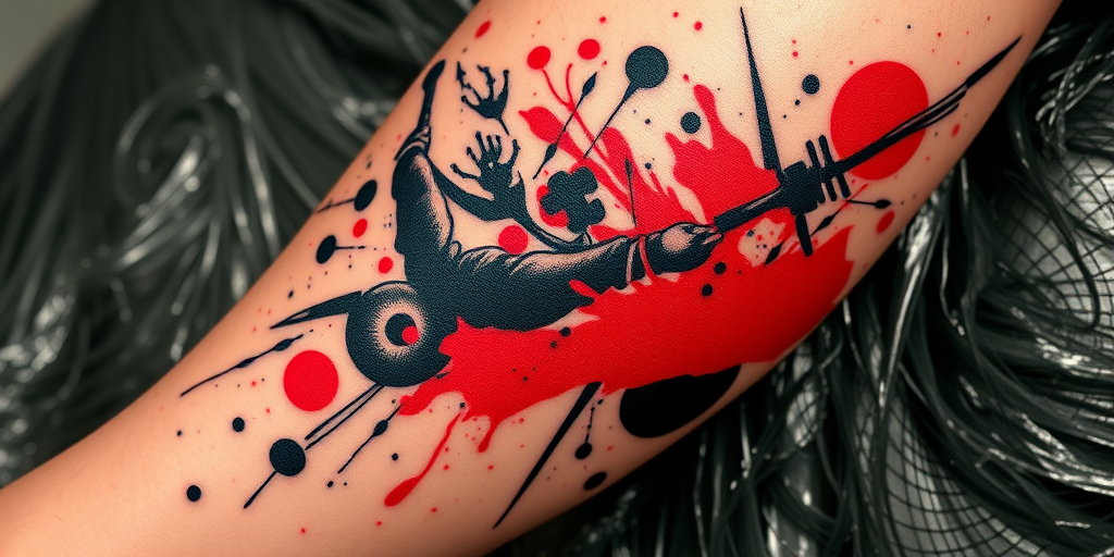 Bold trash polka tattoo on the calf, combining realistic elements with abstract shapes and splatters in a striking red and black color palette, creating a chaotic yet harmonious composition
