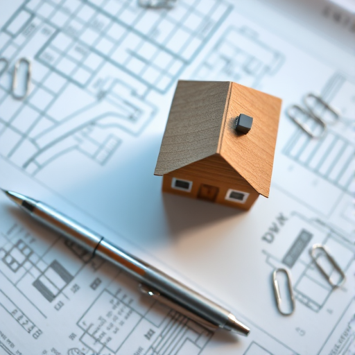 miniature house model on architectural blueprints with a silver pen and paper clips, soft focus background, natural light, ISO 100, f/4, 50mm lens, DSLR camera, top-down view