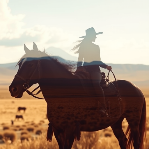 "Create a Double exposure", a silhouette "profile portrait of a young cowgirl" with long hair "superimposed" against a long shot of a cowgirl riding a horse across the plains, fantastic view, 32k, cinematic, hyper-realistic.
