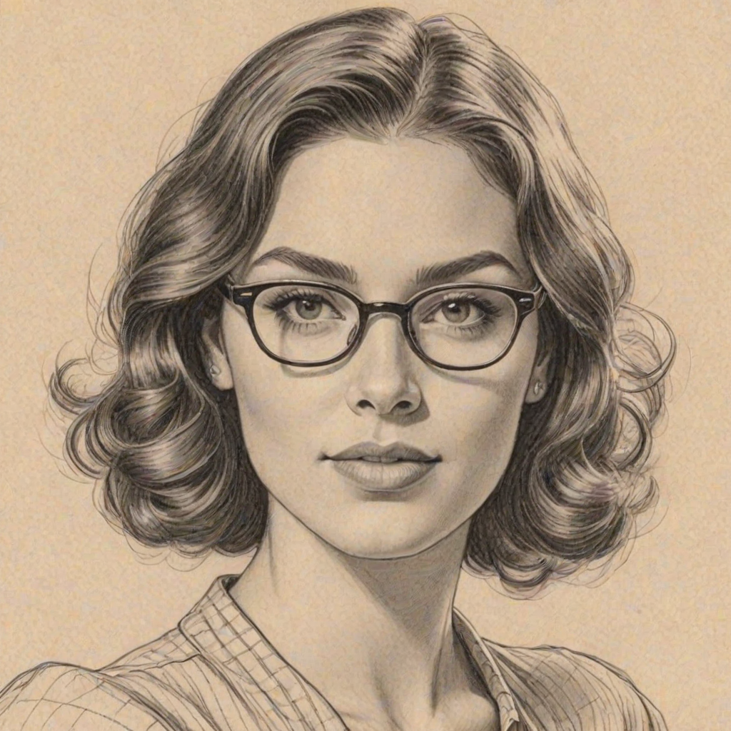 Graceful Anabelle Acosta, pencil sketch, portrait of Attractive woman 1938s in glasses, hair style beatnik, outline, clear lines, fine lines, 8k