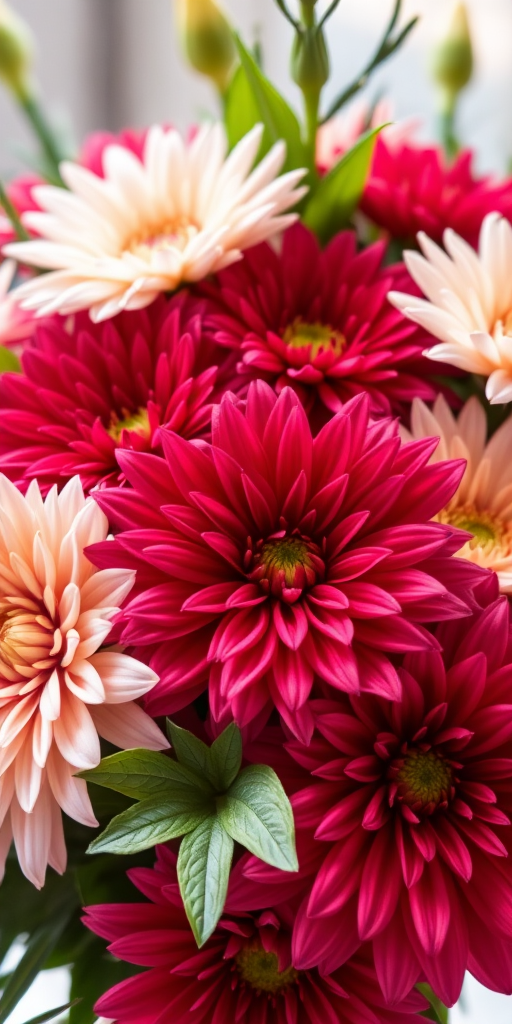 Floral arrangement featuring red and white chrysanthemums with green leaves, shot with a macro lens at f/2.8, ISO 100, in natural light to enhance colors and details, using a DSLR camera with a shallow depth of field.