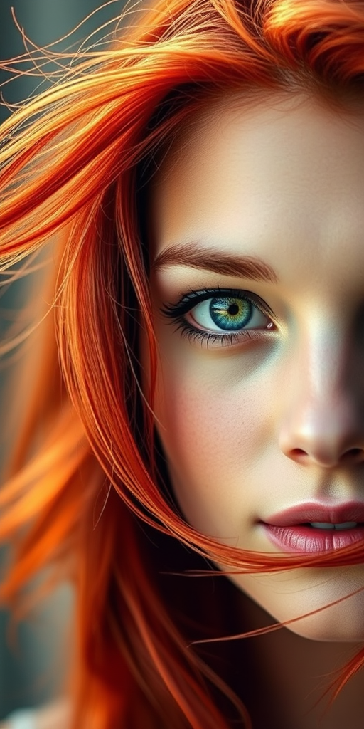 portrait of a woman with flowing red hair and striking green eyes, digital art, soft focus, accentuated texture, natural lighting, aperture f/2.8, shutter speed 1/60s, ISO 200, 50mm lens