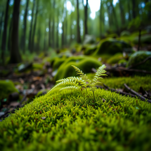 forest scene with lush green moss, ferns in focus, shallow depth of field, soft natural light, ISO 200, f/2.8, 50mm lens, DSLR camera, eye-level view, slightly blurred background