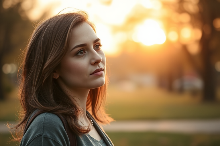 portrait of a thoughtful woman in a park during golden hour with soft bokeh lights in the background, 50mm lens, f/1.8, ISO 100, 1/200s, shallow depth of field, taken with a DSLR camera