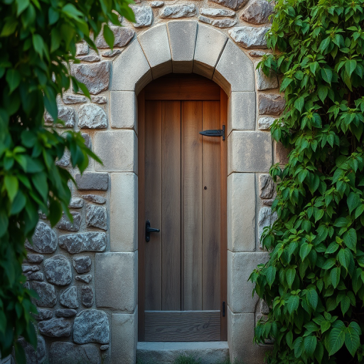 Regenerate an image of an ancient stone wall with a rustic wooden door framed by lush green foliage, capturing the textures of the stones and the intricate details of the wood, at sunset with soft natural light, using a DSLR camera with a 35mm lens, aperture set to f/4, ISO 200, and a shutter speed of 1/60 sec, in a portrait orientation to emphasize the vertical structure.