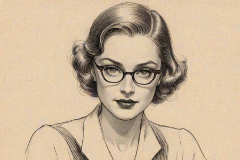 Gorgeous Dominique McElligott, pencil sketch, portrait of Bewitching woman 1932s in glasses, hair style beatnik, outline, clear lines, fine lines, 8k