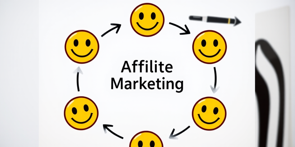 Create an image of a circular flow diagram for affiliate marketing featuring smiling emoji icons and arrows, using a DSLR camera with a 50mm lens, f/1.8 aperture, ISO 200, natural lighting, and a high-resolution setting.