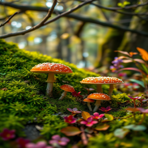 mystical forest scene featuring vibrant mushrooms with orange caps and white spots, surrounded by lush green moss and colorful plants, soft ethereal lighting filtering through tree branches, macro view, high dynamic range photography, f/2.8 aperture, 100mm lens, ISO 200, natural light, DSLR camera