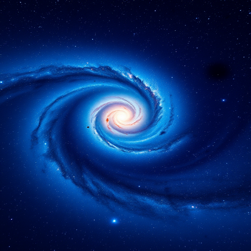 Create a vibrant, high-resolution image of a spiral galaxy in deep blue hues with bright stars scattered throughout, using a DSLR camera at f/2.8, ISO 800, 30 seconds exposure, captured from a low-angle astrophotography view.