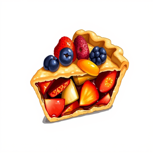 Create an illustration of a slice of pie showcasing a flaky crust and a filling of mixed fruits, with a focus on vibrant colors and detailed texture, using a Canon EOS 5D Mark IV, 50mm lens, f/2.8 aperture, 1/125 sec shutter speed, and natural lighting to enhance the image quality.