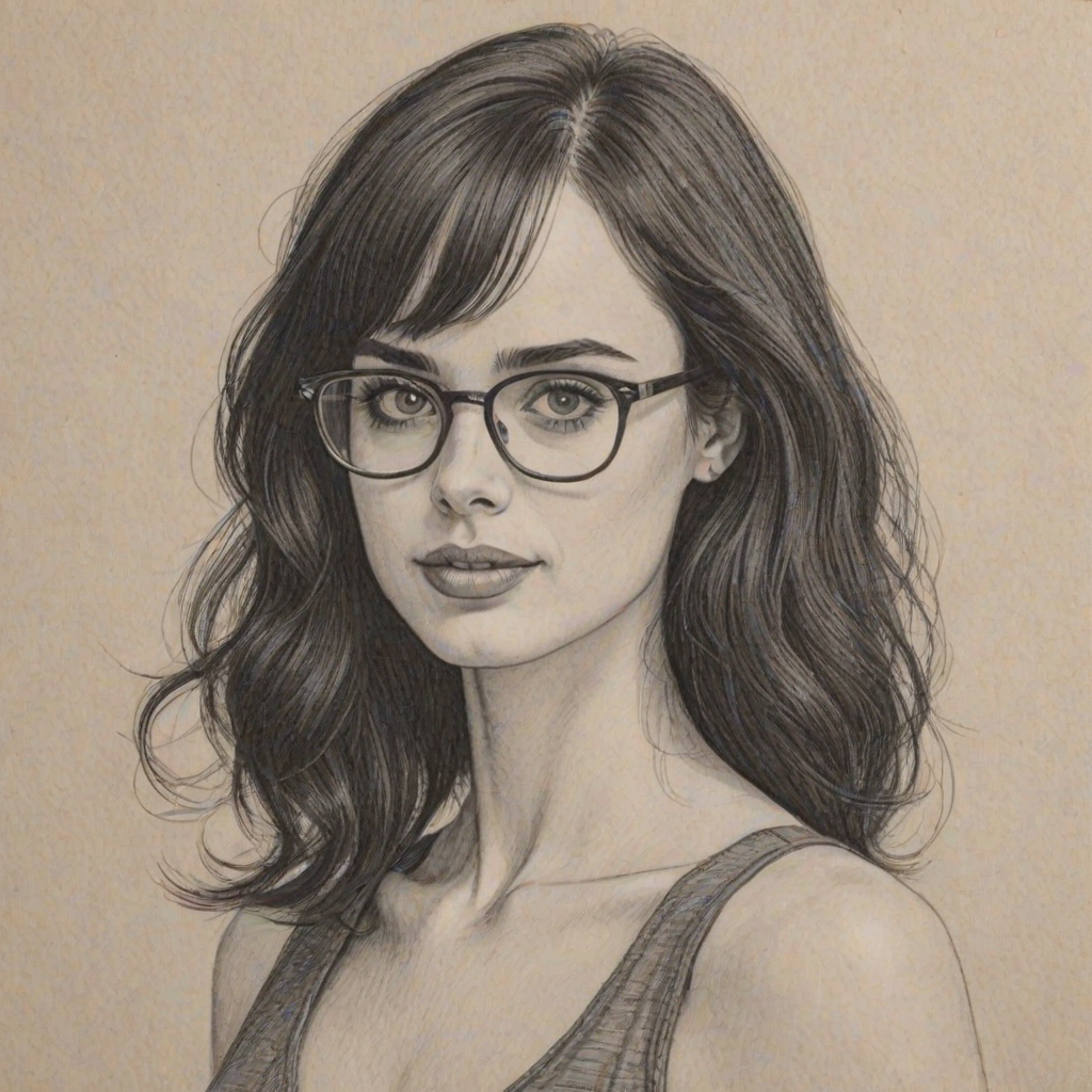Delightful Krysten Ritter, pencil sketch, portrait of Comely woman 1974s in glasses, hair style beatnik, outline, clear lines, fine lines, 8k