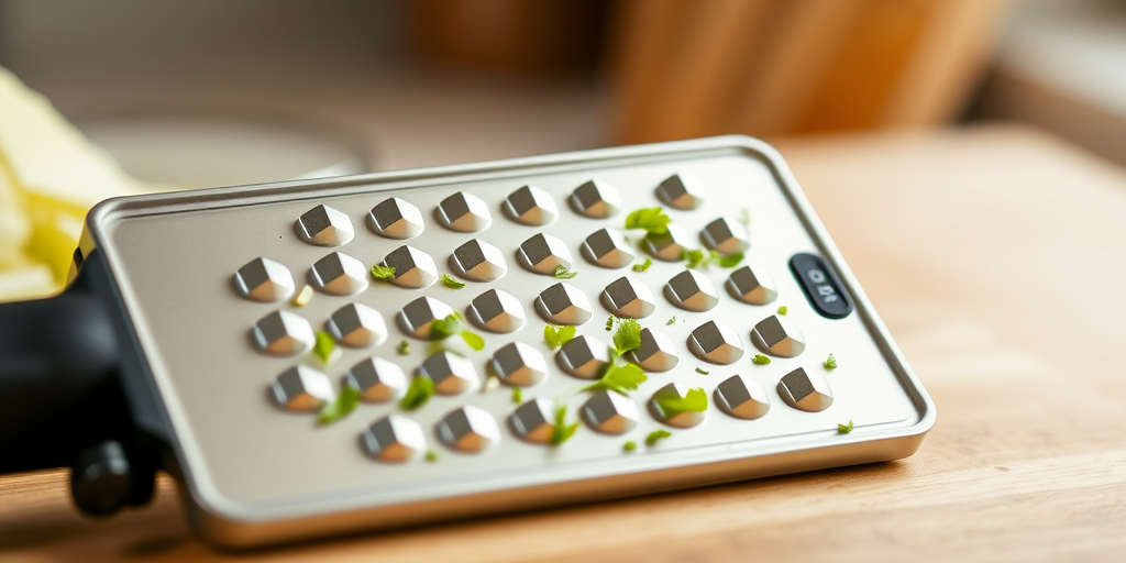 Create a high-resolution image of a kitchen grater with a clean design, captured using a DSLR camera at ISO 100, f/8 aperture, 50mm focal length, in a soft natural light setting, with a focus on texture and details.
