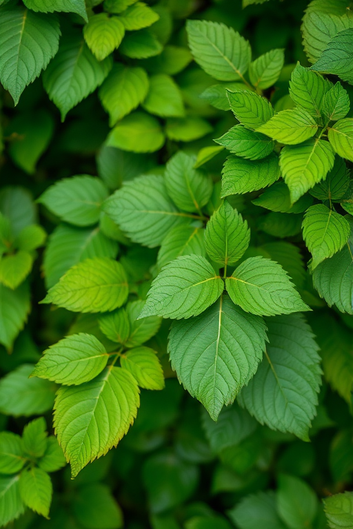 Create an image of lush green leaves with a watercolor effect, featuring a variety of leaf shapes and shades of green, using a DSLR camera with a 50mm lens, aperture f/2.8, ISO 100, and a shallow depth of field for enhanced detail and texture.