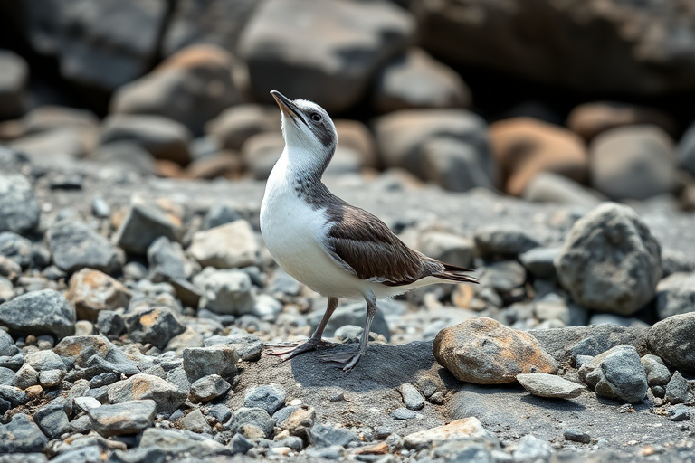 Juvenile seabird on rocky terrain, captured with a Canon EOS 5D Mark IV, 24-70mm lens at f/4, ISO 400, shutter speed 1/250 sec, slight upward angle, natural lighting, high detail, sharp focus.