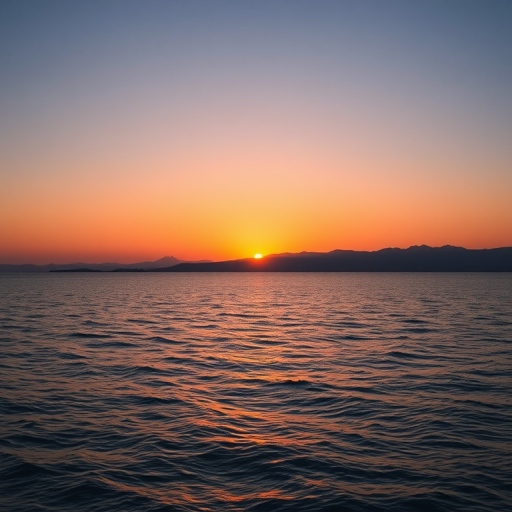 Capture a serene seascape at sunrise with silhouetted mountains in the background, using a Canon EOS R5, 24mm lens, f/8 aperture, 1/200 sec shutter speed, ISO 100, soft focus, and golden hour lighting for enhanced detail and color contrast.